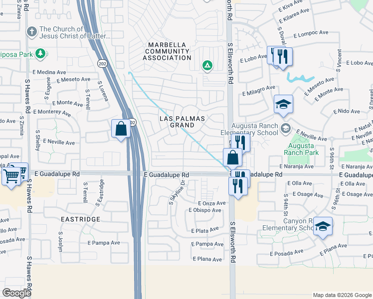 map of restaurants, bars, coffee shops, grocery stores, and more near 2625-2651 S 206th St in Mesa