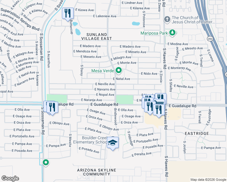 map of restaurants, bars, coffee shops, grocery stores, and more near 8026 East Nopal Avenue in Mesa