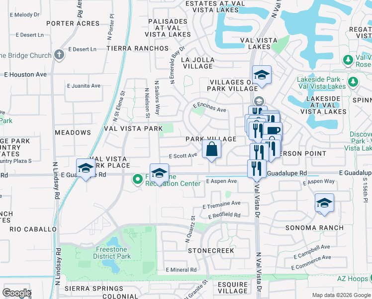 map of restaurants, bars, coffee shops, grocery stores, and more near 1320 East Scott Avenue in Gilbert