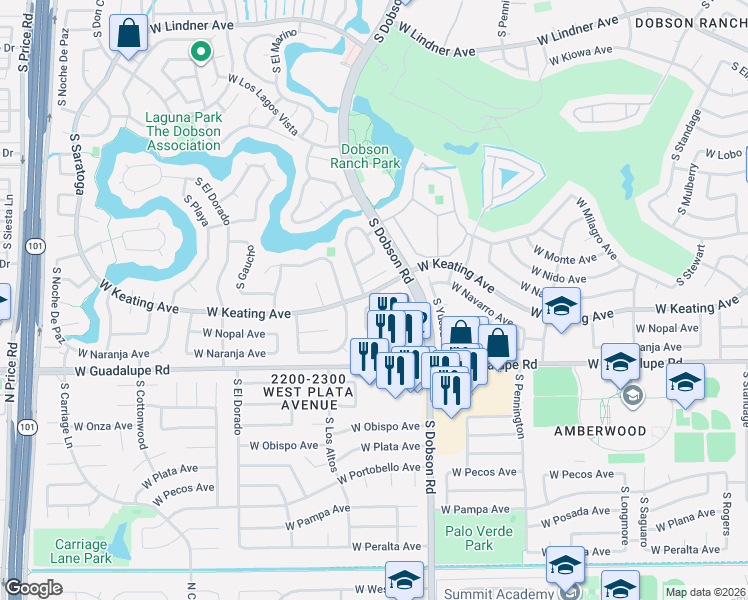 map of restaurants, bars, coffee shops, grocery stores, and more near 2117 West Navarro Avenue in Mesa