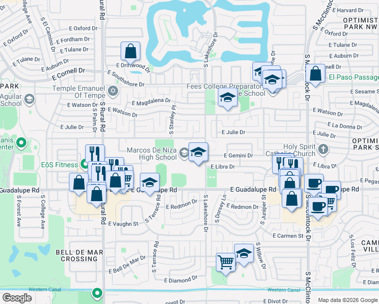 map of restaurants, bars, coffee shops, grocery stores, and more near 6000 South Lakeshore Drive in Tempe