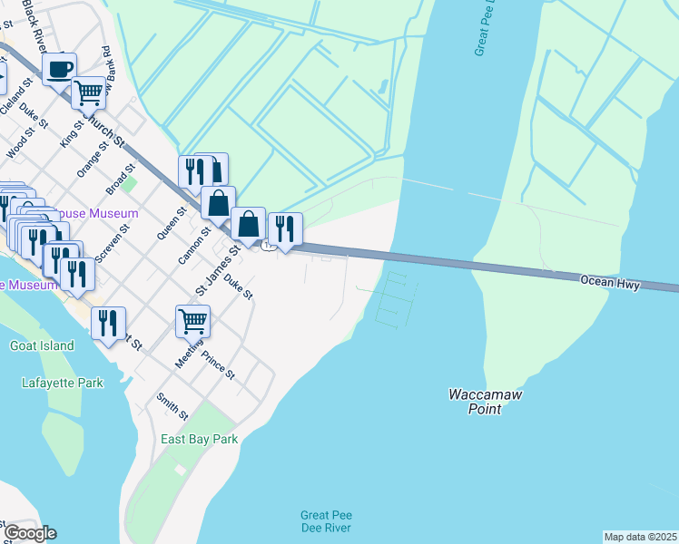 map of restaurants, bars, coffee shops, grocery stores, and more near 444 Marina Drive in Georgetown