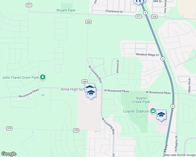 map of restaurants, bars, coffee shops, grocery stores, and more near West Crossing Boulevard in Anna