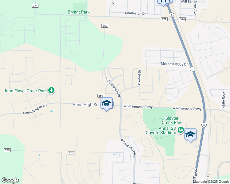 map of restaurants, bars, coffee shops, grocery stores, and more near West Crossing Boulevard in Anna