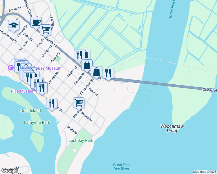 map of restaurants, bars, coffee shops, grocery stores, and more near 245 Church Street in Georgetown