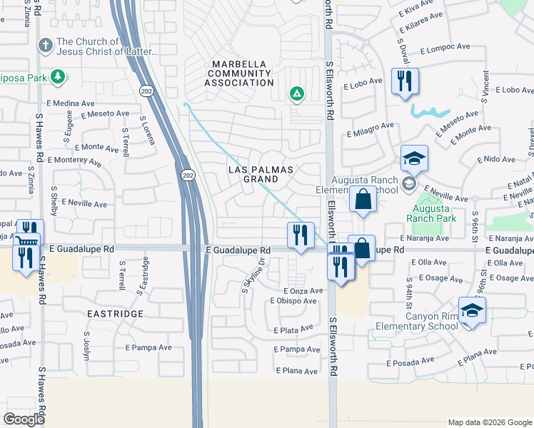 map of restaurants, bars, coffee shops, grocery stores, and more near 2625-2651 S 206th St in Mesa