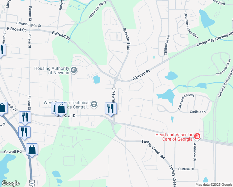 map of restaurants, bars, coffee shops, grocery stores, and more near 167 Preserve Drive in Newnan