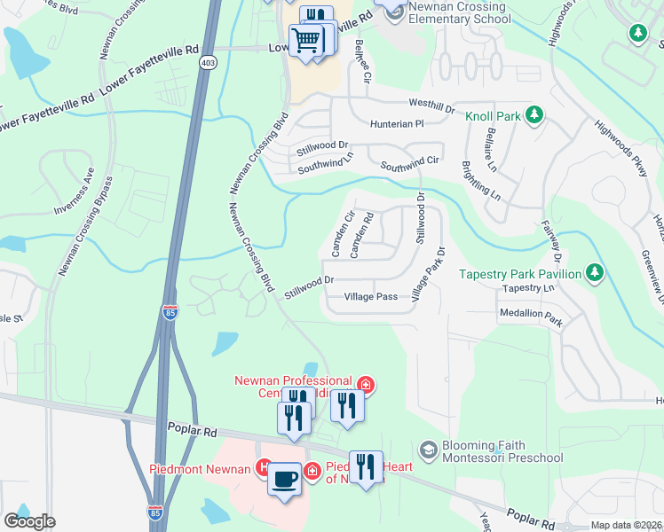 map of restaurants, bars, coffee shops, grocery stores, and more near 431 Stillwood Drive in Newnan