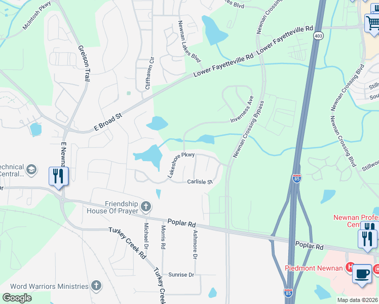 map of restaurants, bars, coffee shops, grocery stores, and more near 101 Lakeshore Parkway in Newnan