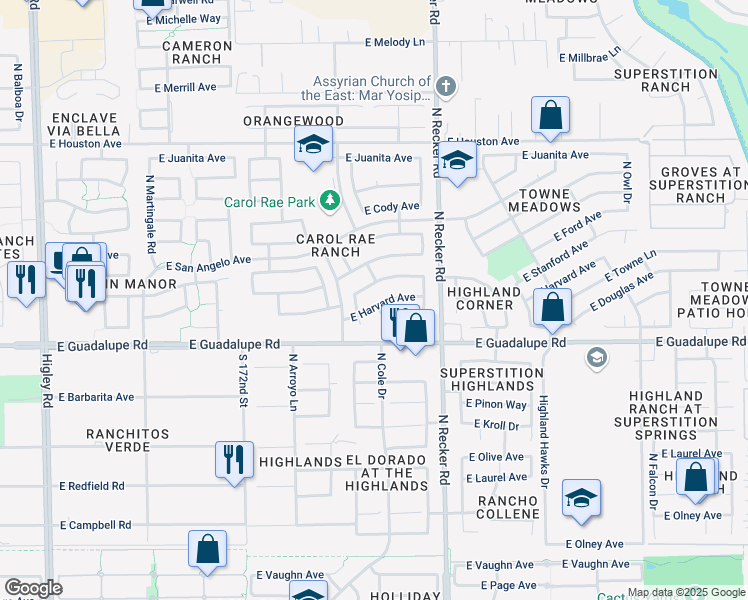 map of restaurants, bars, coffee shops, grocery stores, and more near 845 North Cole Court in Gilbert