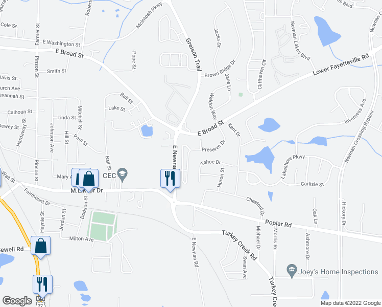 map of restaurants, bars, coffee shops, grocery stores, and more near 124 Preserve Drive in Newnan