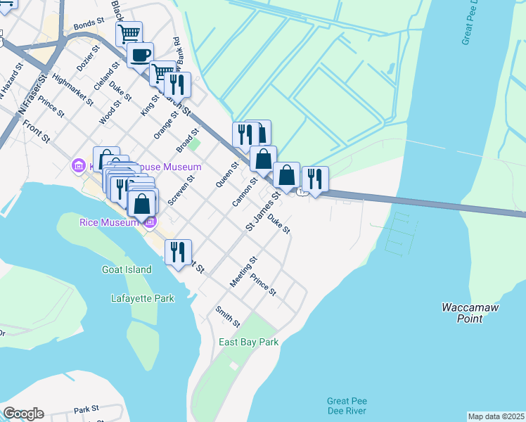 map of restaurants, bars, coffee shops, grocery stores, and more near 400 Saint James Street in Georgetown