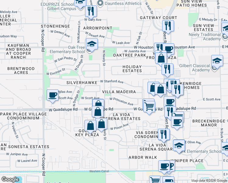 map of restaurants, bars, coffee shops, grocery stores, and more near 320 West Scott Avenue in Gilbert