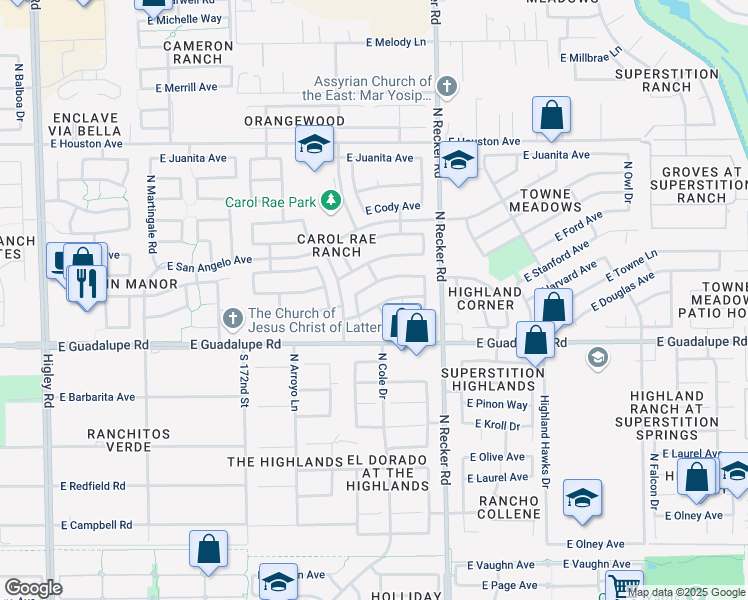 map of restaurants, bars, coffee shops, grocery stores, and more near 845 North Cole Court in Gilbert