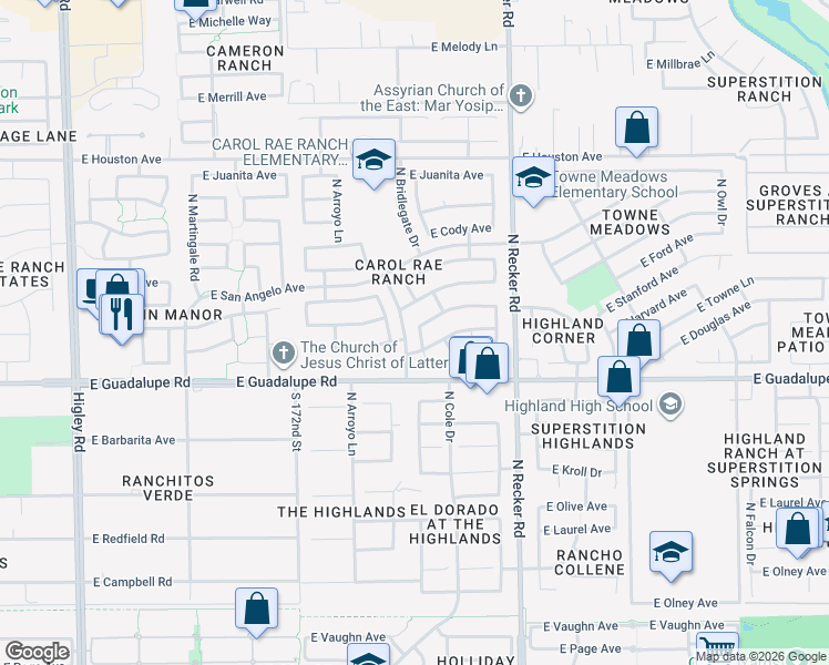 map of restaurants, bars, coffee shops, grocery stores, and more near 845 North Cole Court in Gilbert