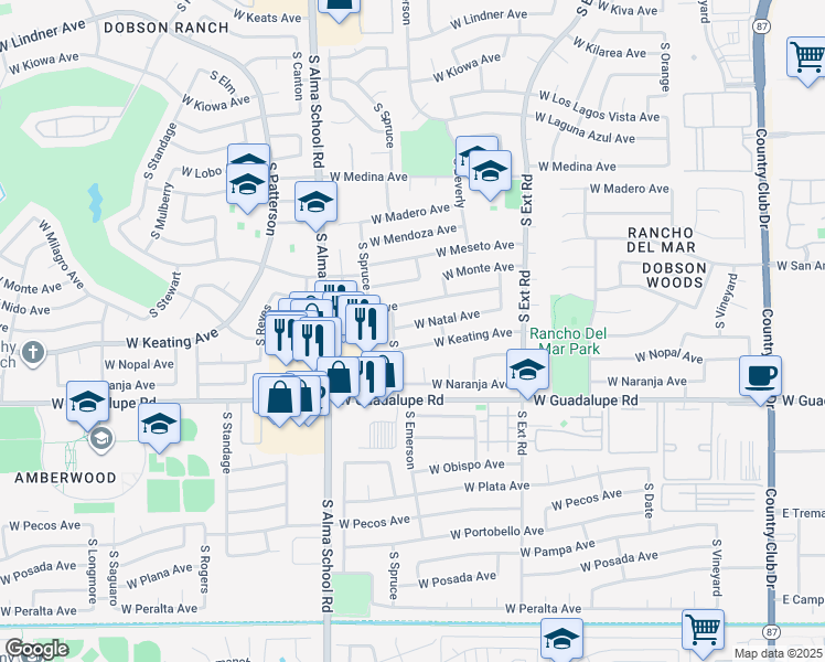 map of restaurants, bars, coffee shops, grocery stores, and more near 1060 West Keating Avenue in Mesa