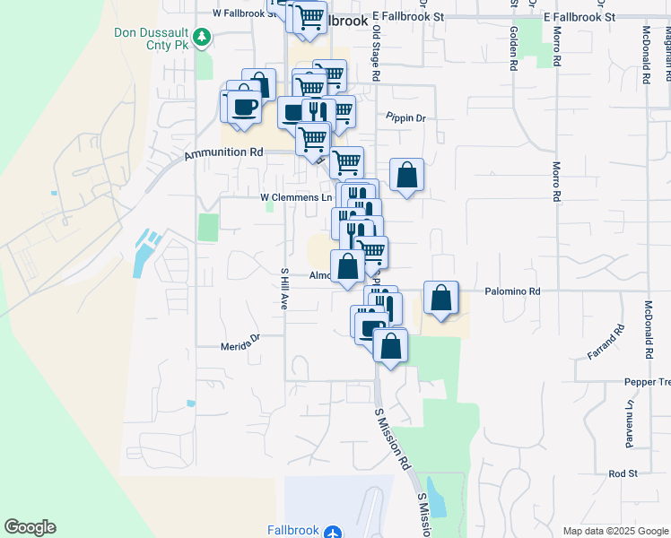 map of restaurants, bars, coffee shops, grocery stores, and more near 208 Almond Street in Fallbrook