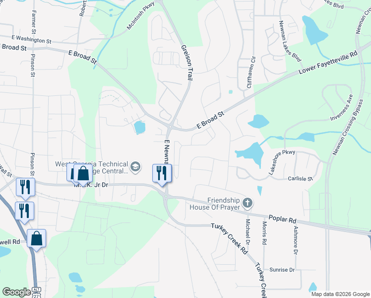 map of restaurants, bars, coffee shops, grocery stores, and more near 116 Preserve Drive in Newnan