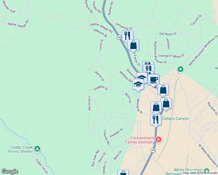 map of restaurants, bars, coffee shops, grocery stores, and more near 103 Angeles Drive in Ruidoso