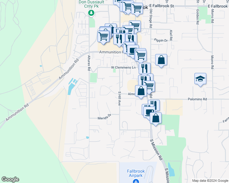 map of restaurants, bars, coffee shops, grocery stores, and more near 369 Poets Square in Fallbrook