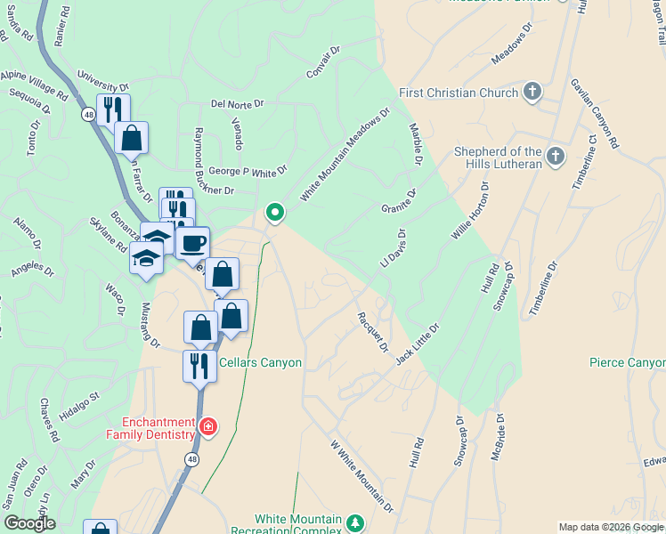 map of restaurants, bars, coffee shops, grocery stores, and more near 27 Racquet Drive in Ruidoso