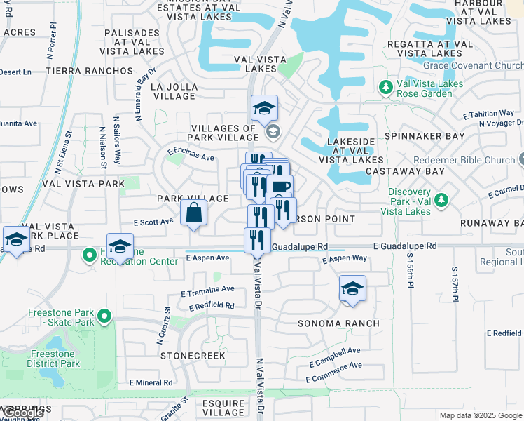 map of restaurants, bars, coffee shops, grocery stores, and more near 899 North Val Vista Drive in Gilbert