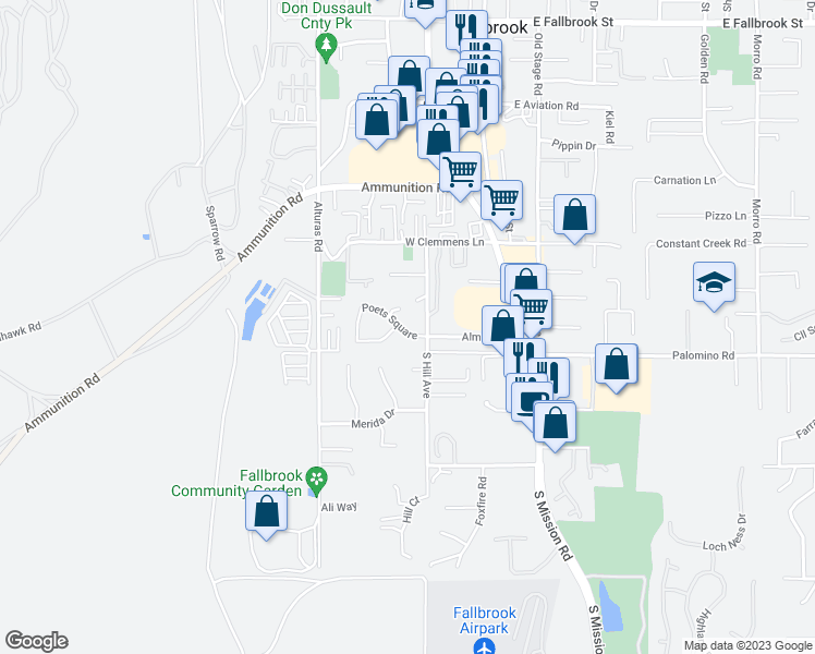 map of restaurants, bars, coffee shops, grocery stores, and more near 369 Poets Hill Road in Fallbrook