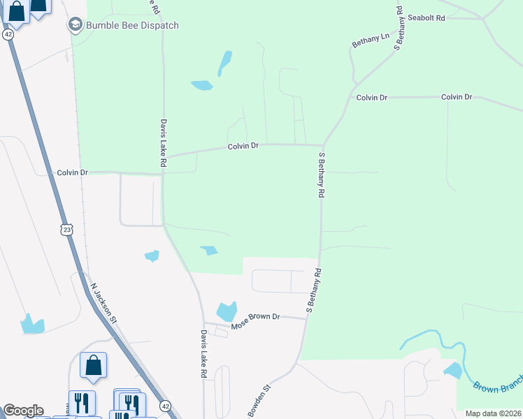 map of restaurants, bars, coffee shops, grocery stores, and more near 461 South Bethany Road in Locust Grove