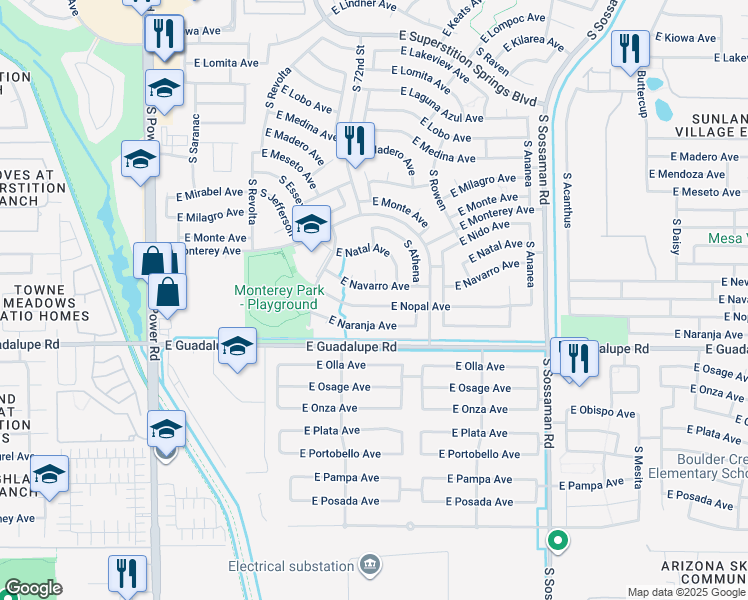 map of restaurants, bars, coffee shops, grocery stores, and more near 7250 East Nopal Avenue in Mesa