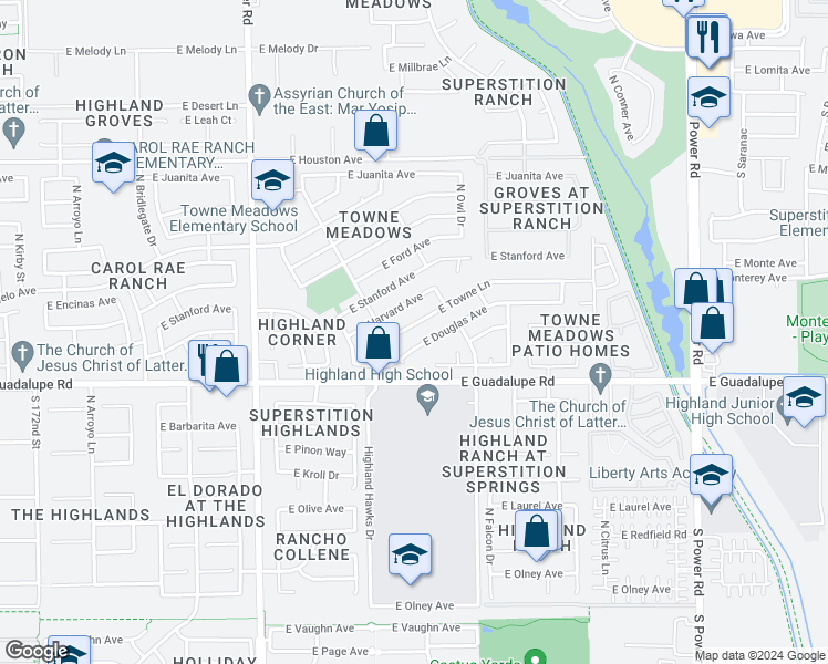 map of restaurants, bars, coffee shops, grocery stores, and more near 4243 East Towne Lane in Gilbert