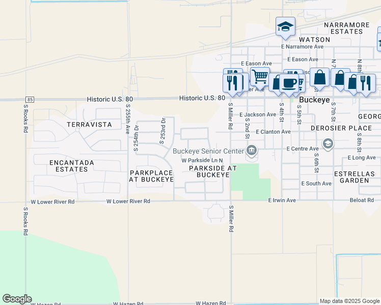 map of restaurants, bars, coffee shops, grocery stores, and more near 25255 West Centre Avenue in Buckeye