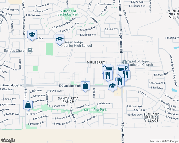 map of restaurants, bars, coffee shops, grocery stores, and more near 10515 East Nopal Avenue in Mesa
