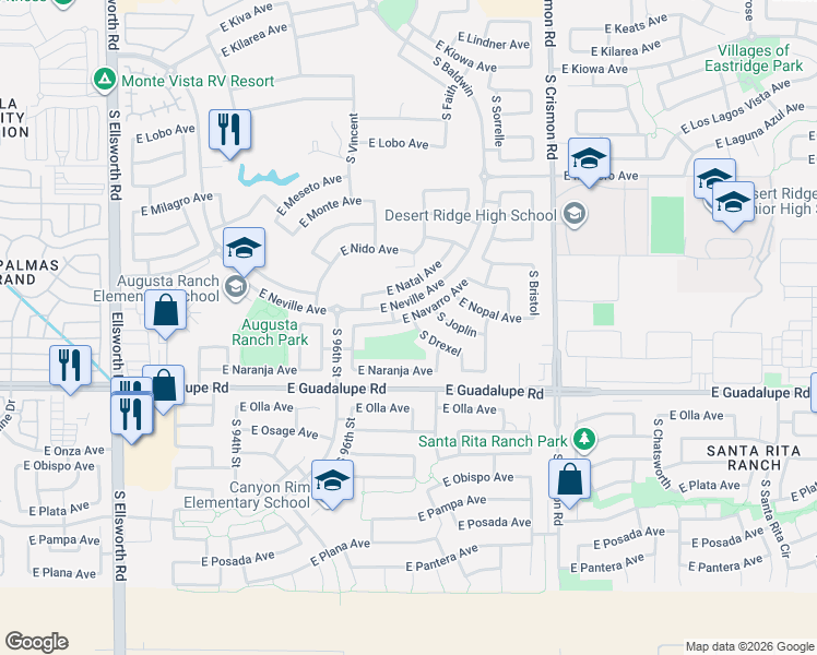 map of restaurants, bars, coffee shops, grocery stores, and more near 2664 South Drexel in Mesa