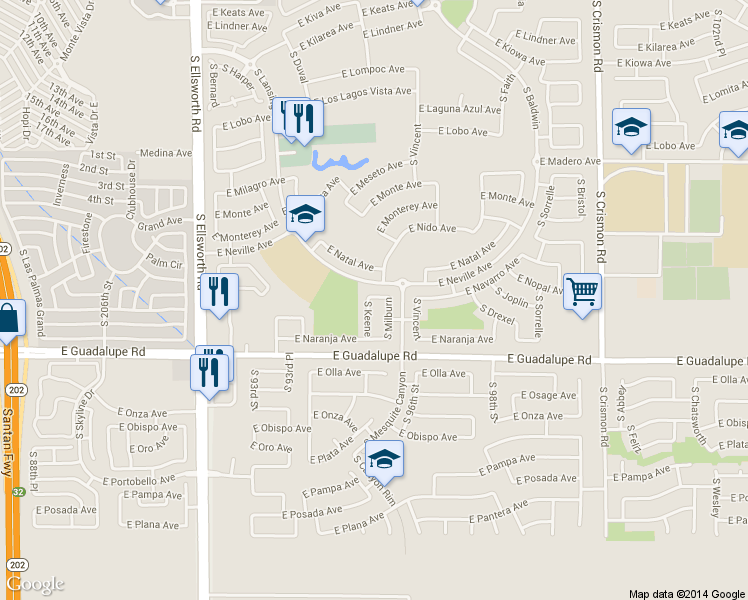 map of restaurants, bars, coffee shops, grocery stores, and more near 2715 South Keene in Mesa