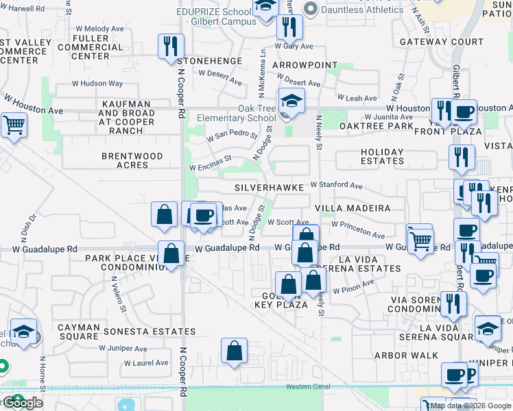 map of restaurants, bars, coffee shops, grocery stores, and more near 899 North Quail Lane in Gilbert