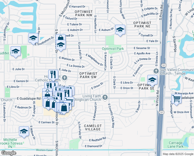 map of restaurants, bars, coffee shops, grocery stores, and more near 1919 East Libra Drive in Tempe