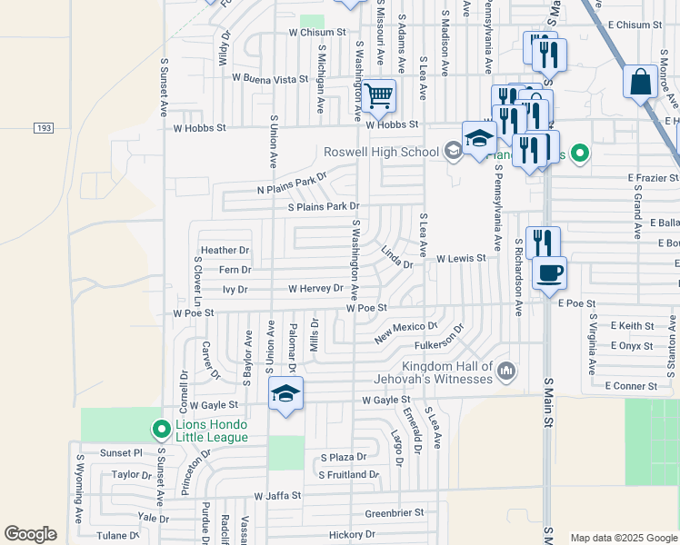 map of restaurants, bars, coffee shops, grocery stores, and more near 704 South Adams Drive in Roswell