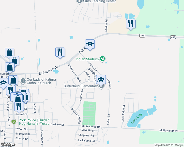 map of restaurants, bars, coffee shops, grocery stores, and more near 54 North Highland Drive in Sanger