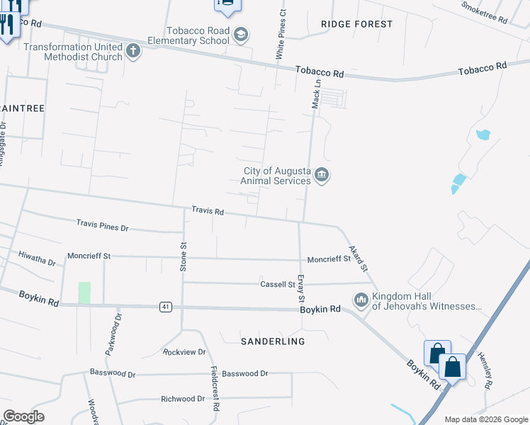 map of restaurants, bars, coffee shops, grocery stores, and more near 2206 Travis Road in Augusta