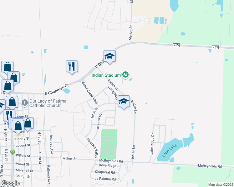 map of restaurants, bars, coffee shops, grocery stores, and more near 54 North Highland Drive in Sanger
