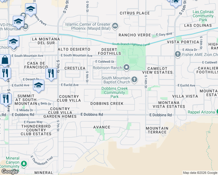 map of restaurants, bars, coffee shops, grocery stores, and more near 1114 East Gwen Street in Phoenix