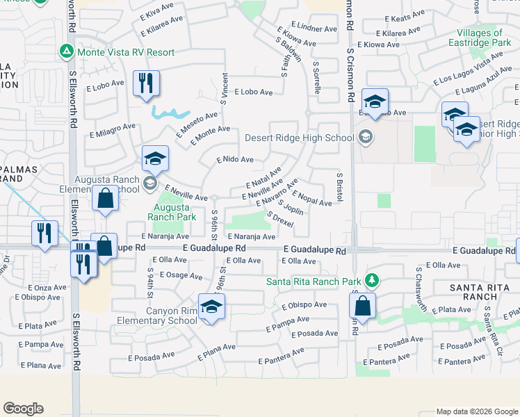 map of restaurants, bars, coffee shops, grocery stores, and more near 2664 South Drexel in Mesa