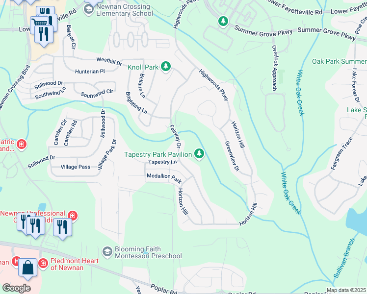 map of restaurants, bars, coffee shops, grocery stores, and more near 126 Fairway Drive in Newnan