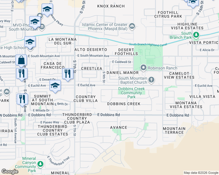 map of restaurants, bars, coffee shops, grocery stores, and more near 8813 South 10th Street in Phoenix
