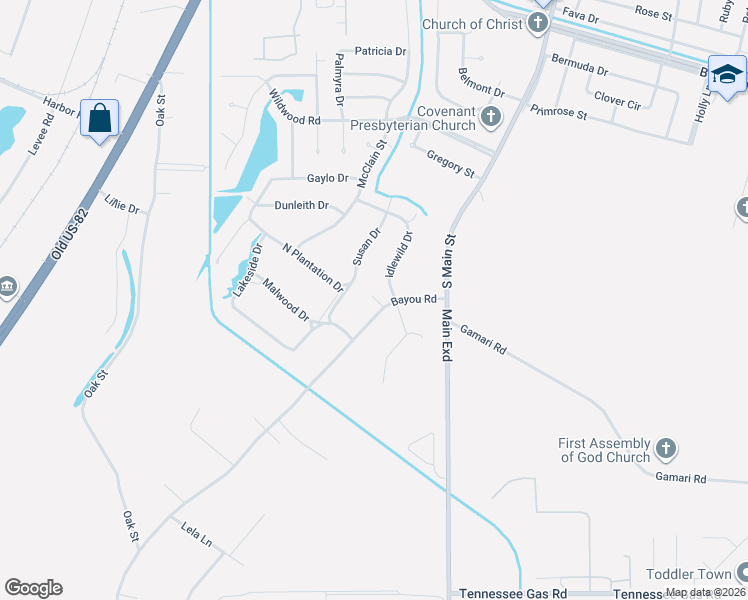 map of restaurants, bars, coffee shops, grocery stores, and more near 107 Bayou Road in Greenville