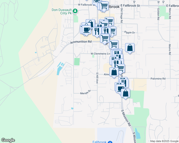 map of restaurants, bars, coffee shops, grocery stores, and more near 692 Poets Hill Road in Fallbrook