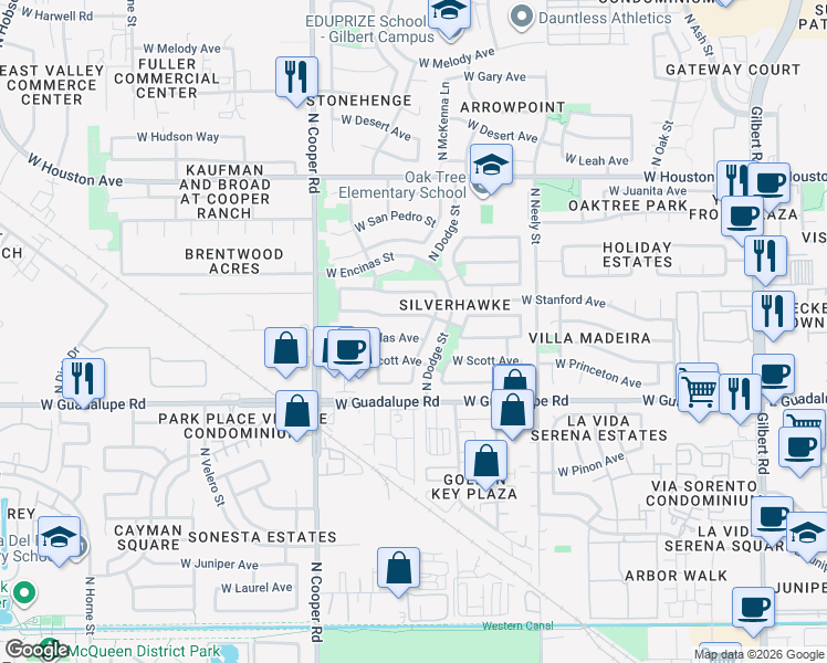 map of restaurants, bars, coffee shops, grocery stores, and more near 660 West Scott Avenue in Gilbert