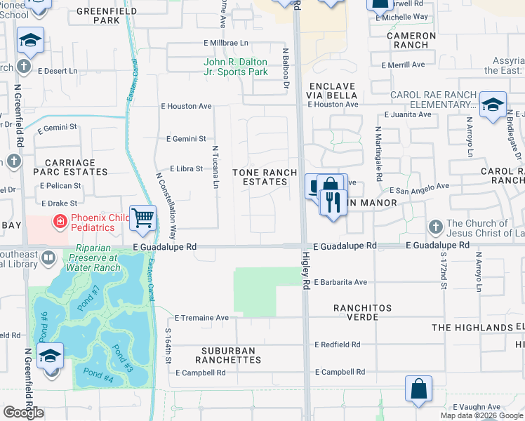 map of restaurants, bars, coffee shops, grocery stores, and more near 3088 East Cornell Avenue in Gilbert