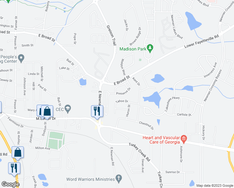map of restaurants, bars, coffee shops, grocery stores, and more near 92 Preserve Drive in Newnan