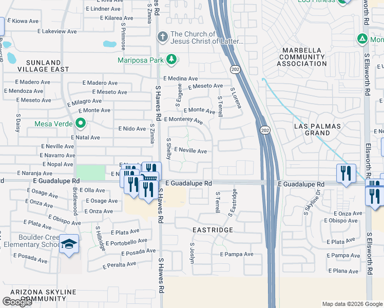 map of restaurants, bars, coffee shops, grocery stores, and more near 8509 East Navarro Circle in Mesa